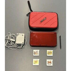 Nintendo NEW 3DS XL Console (RED-001) OEM Charger 2GB SD Stylus w 4 Games + Case